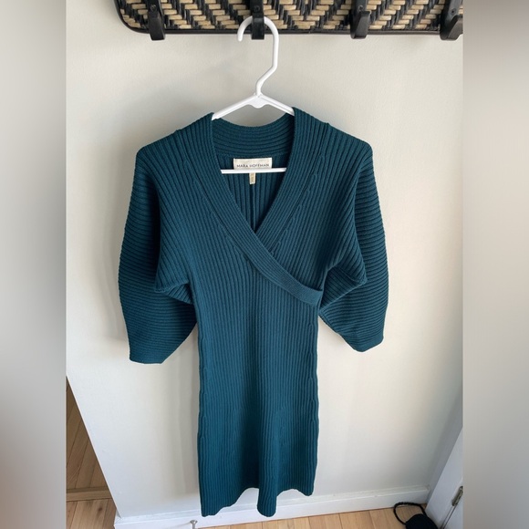 Mara Hoffman Samira Wrap Effect Ribbed Sweater Midi Dress - Teal Blue - Size XS - Picture 5 of 13